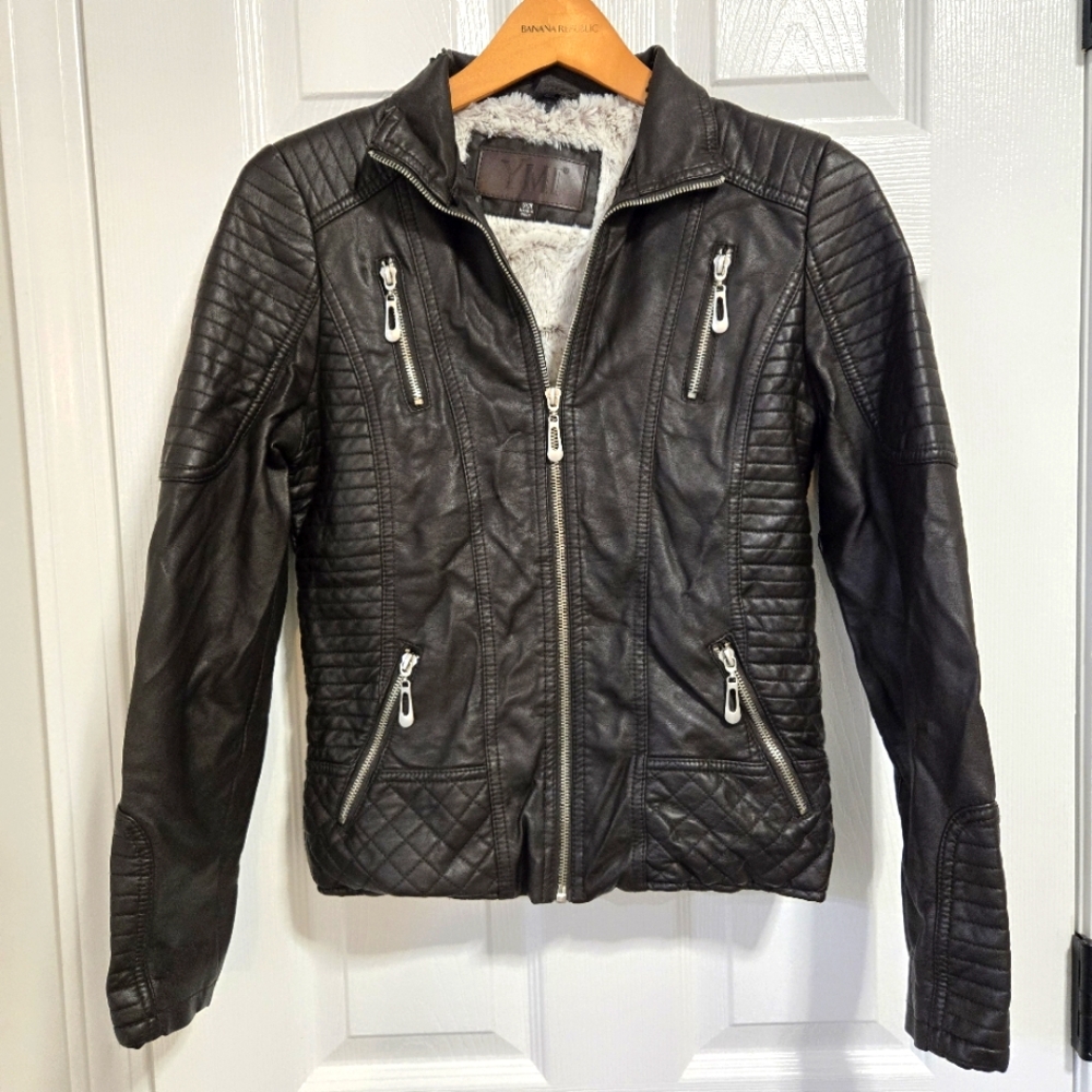 YMI Women's Faux Leather Fur Lined Bomber Motorcycle Full Zip Jacket Small - Picture 1 of 15